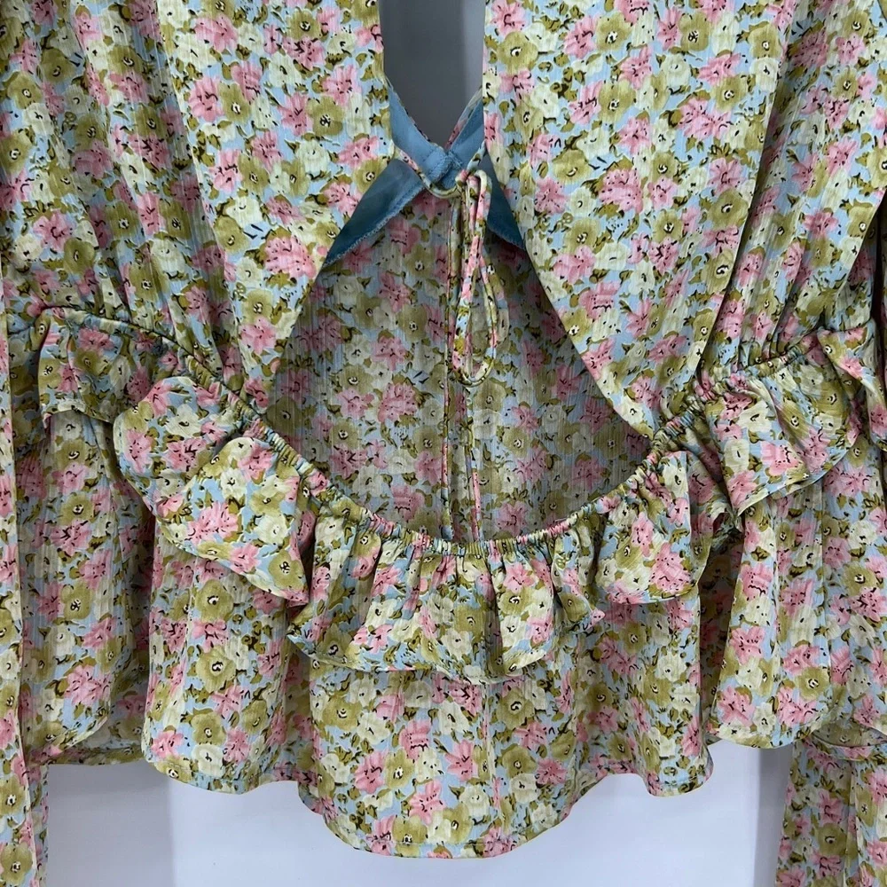 Astr the Label Floral Tie-Back Ruffle Cropped Cottagecore Blouse SZ M